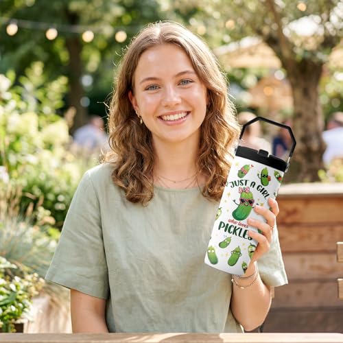 Hiboss Pickle Gifts Tumbler with Handle and Flip Straw 28oz, Insulated Stainless Steel Just A Girl Who Loves Pickles Travel Cup Mug, Birthday Gifts for Pickled Cucumber Lover Women Girls - color: Pickle
