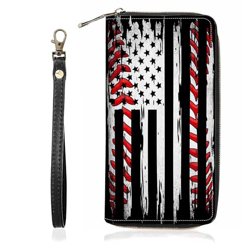American Flag Baseball Background Print Wallet for Women Large Capacity Wallet Credit Card Holder PU Leather Zipper Clutch Purse Phone Wallet - color: American Flag Baseball Background