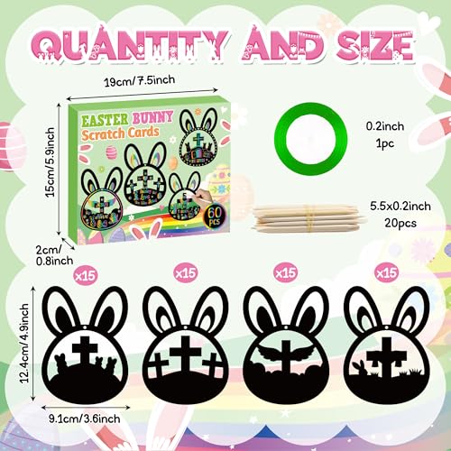 CY2SIDE 60PCS Bunny Cross Scratch Cards Gift, HE is Risen DIY Scratch Paper Craft Kit for Kids Sunday School Activity No Bunny Loves You Like Jesus Magic Art Rainbow Color Hanging Ornament Party Decor - style: Easter Bunny Cross