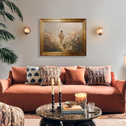 Jesus Leaves the 99 Sheep Wall Art 24x36 Inch Gold Framed Christian Oil Painting Canvas Poster The Lost Sheep Religious Faith Prints for Prayer Room Home Church - color: Beige, size: 36"L x 24"W, style: Gold Framed