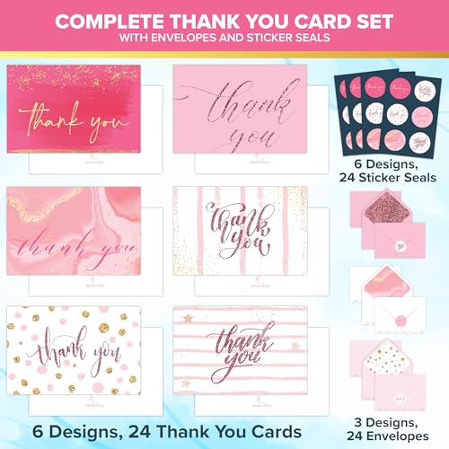 Decorably 24 Pack Glittery 6x4in Pink Thank You Cards with Envelopes - style: Pink