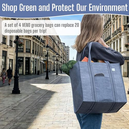 VENO 4 Pack Reusable Grocery Bags, Heavy-Duty Shopping Bags with Handles, Bags for Shopping Cart with Hard Bottom to Stand Upright, Foldable, Multi-Purpose(Gray, 4 Pack) - color: Gray