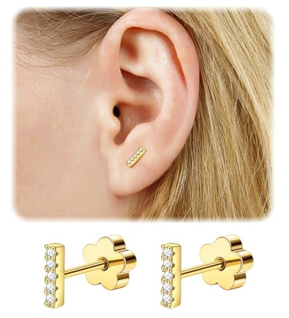 14K Gold Plated Small Stud Earrings for Girls Women Hypoallergenic Surgical Steel Cartilage Flat Back Stud Earrings CZ Cross Dot Bar Heart Handmade Screw Back Earrings Studs - color: Gold, style: Bar