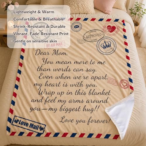 Birthday Gifts for Mum from Daughter Son,to My Mom Soft Throw Blanket, Custom Air Mail Love Letter Dear Mother Cozy Flannel Blanket Presents for Mom 50x60 Inches - color: Off-white(letter-english）