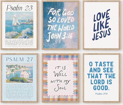 XBQZFLHT Coastal Christian Wall Art Blue Bible Verse Posters Trendy Dorm Room Prints Beachy Scripture Psalm Christian Artwork for Girls Bedroom Living Room Office 12x16 Inch Unframed - color: Blue, size: 16"L x 12"W