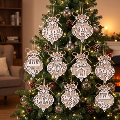 Shellwei 24 Pcs Christmas Ornament Bulk Wooden Nativity Scene Music Sheet - style: Quatrefoil