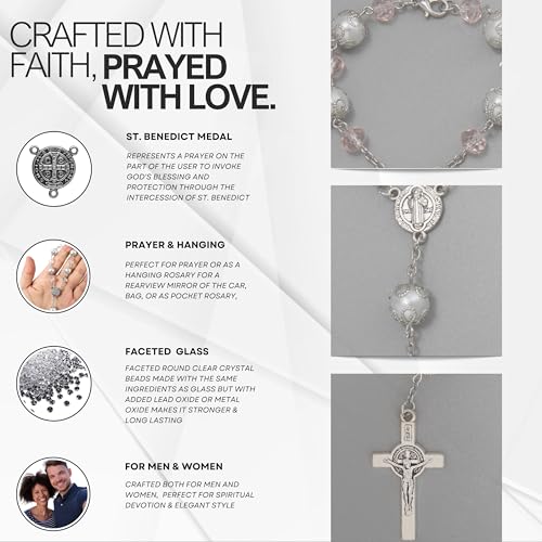 One Decade Car Rosary with St. Benedict Medal Catholic Auto Rear View Mirror Charm Pink Glass Beads Spiritual Protection Pendant Religious Car Accessories for Men and Women - color: Pink