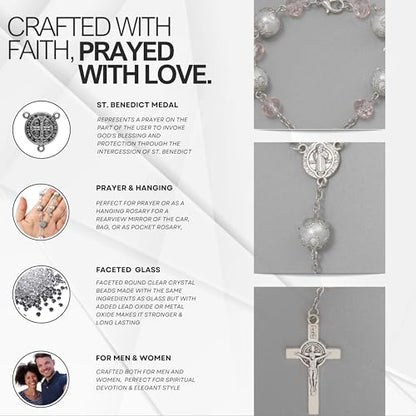 One Decade Car Rosary with St. Benedict Medal Catholic Auto Rear View Mirror Charm Pink Glass Beads Spiritual Protection Pendant Religious Car Accessories for Men and Women - color: Pink