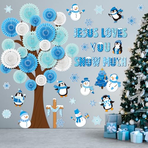 Gersoniel 79 Pcs Winter Bulletin Board Decorations Jesus Loves You Snow Much Classroom Decor 3D DIY Christmas Tree Paper Fans Snowman Snowflake Penguins Cutouts for Winter Xmas Home School Wall Decor - style: Winter
