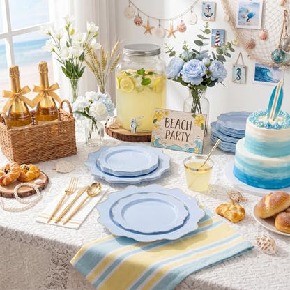 WDF 175Pcs Blue Plastic Plates - Heavy Duty Baby Blue Plates Disposable - 25Guests Plastic Dinnerware Ideal for Parties/Wedding/Baby Shower/Hanukkah - color: Bule and Gold, size: 175 pieces