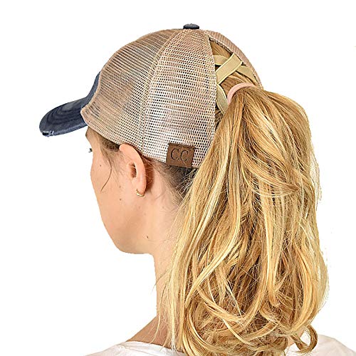 C.C Ponycap Messy High Bun Ponytail Adjustable Mesh Trucker Baseball Cap Hat - color: Criss Cross Mesh Navy