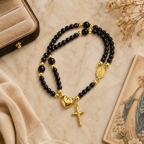 Grace & Faith: Handmade Rosary God Beads Bracelet Virgin Mary Cross Double Layer Chain Crucifix Religious Christian Faith Jewelry - color: Black&Gold Heart