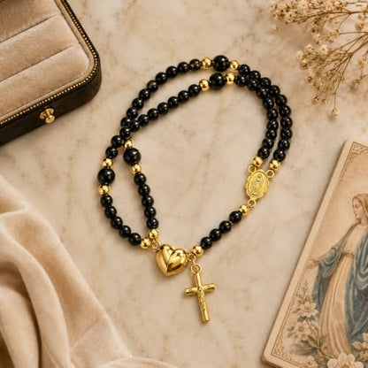 Grace & Faith: Handmade Rosary God Beads Bracelet Virgin Mary Cross Double Layer Chain Crucifix Religious Christian Faith Jewelry - color: Black&Gold Heart
