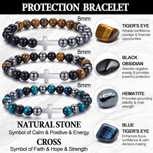 Kingdder 3 Pcs Cross Bracelet Tiger Eye Bracelet for Men 8mm Natural Stone Adjustable Christian Religious Birthday Jewelry - style: Cross