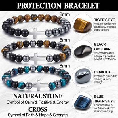 Kingdder 3 Pcs Cross Bracelet Tiger Eye Bracelet for Men 8mm Natural Stone Adjustable Christian Religious Birthday Jewelry - style: Cross