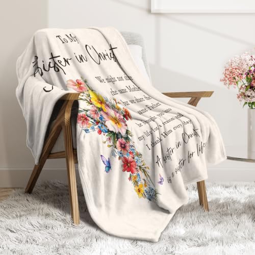 Christian Gifts for Women, Sister in Christ Floral Cross Blanket - color: Cream