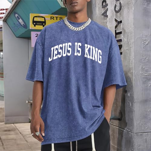 Mens Christian Shirts Jesus is King Love You Tshirt God Faith Religious Bible Verse Oversized Acid Wash Graphic Tees - color: Blue, size: X-Small