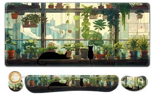 ToLuLu Extended Gaming Mouse Pad, Memory Foam Keyboard Mouse Wrist Rest Set - color: Cute Green Japanese Kawaii Cat