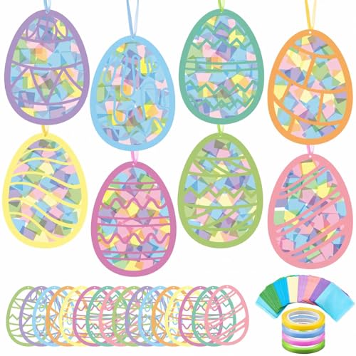 DoubleFill 48 Pcs Easter Egg Suncatchers Craft Kits DIY Easter Tissue Paper Suncatchers Bulk Stained Glass Effect, Spring Window DIY Art Crafts for Home Activities Party Decoration Favor - style: Easter Egg
