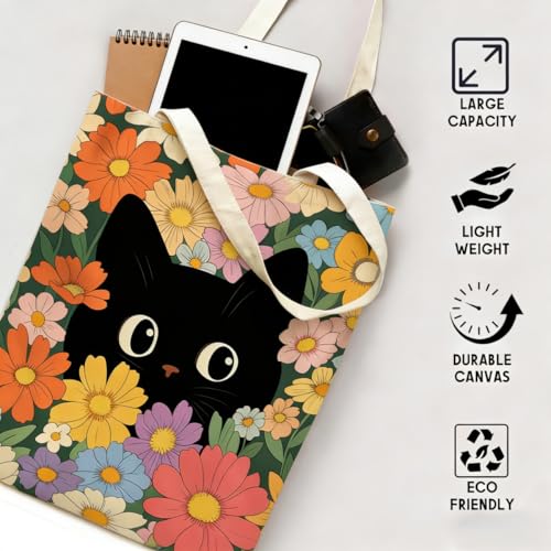 Canvas Tote Bags Reusable Shopping Bag for Women with Zippered Inner Pocket Magnetic Snap Closure - color: Black Cat 2