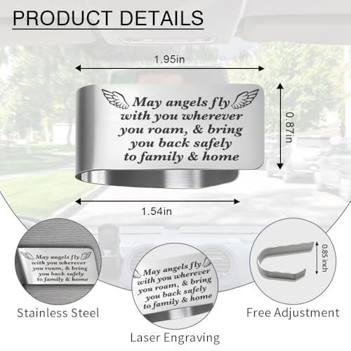 May Angels Fly with You Wherever You roam Engraved Stainless Steel Car Visor Clip, Inspirational Guardian Angel Safe Driving Gifts for Family Friend Driver Traveller, New Car Birthday Gifts - color: Silver009