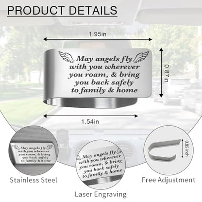May Angels Fly with You Wherever You roam Engraved Stainless Steel Car Visor Clip, Inspirational Guardian Angel Safe Driving Gifts for Family Friend Driver Traveller, New Car Birthday Gifts - color: Silver009