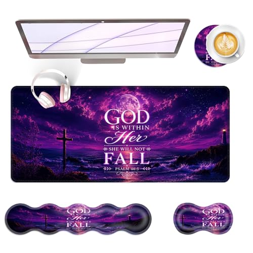 Large Keyboard Mouse Pad Set, Extended Mouse Pad+Keyboard Wrist Rest Support, Memory Foam Ergonomic Easy Typing, 4Pcs (31.5×11.8 in) Desk Pad Set for Office Home,Bible Verses Psalm 46:5 Beach - color: Bible Verses Psalm 46:5 Beach-2-9