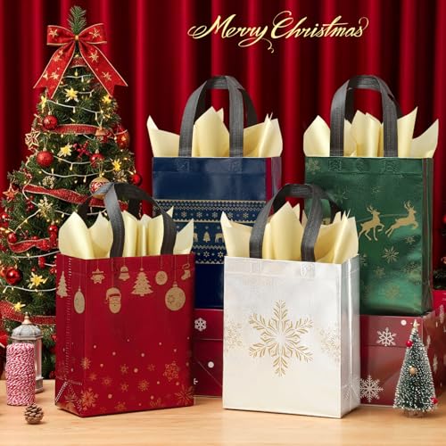 STYPOP 32 Pack 10" Christmas Gift Bags Medium Size with Tissue Paper, Reusable Non-Woven Christmas Tote Bags with Handles, Perfect for Holiday Gift Wrap/Party Favor Supplies, 10.2" × 8.3" × 4" - color: 32 PACK