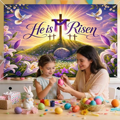 IVN He Is Risen Easter Banner 71x43 Inch Christian Resurrection Cross Lily - color: He Is Risen Cross Sunrise Christian Easter