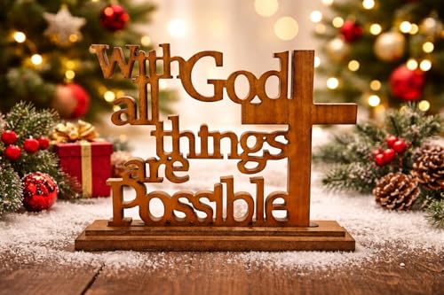 With God All Things Are Possible Wood Plaque – Matthew 19:26 Bible Verse Sign with Stand – Laser-Cut Scripture Cross Decor – 14×11 Inch MDF Walnut Finish – Christian Tabletop Desk Shelf Display Gift