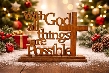 With God All Things Are Possible Wood Plaque – Matthew 19:26 Bible Verse Sign with Stand – Laser-Cut Scripture Cross Decor – 14×11 Inch MDF Walnut Finish – Christian Tabletop Desk Shelf Display Gift