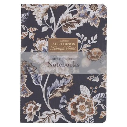 Christian Art Gifts Notebook Set: All Things - Phil 4:13, Set/3 Large, Christian Gifts for Women, Slim Notebooks, Cardstock, Bible Verses, Flexible Cover, Lined Paper, 64 Pages Each, Floral