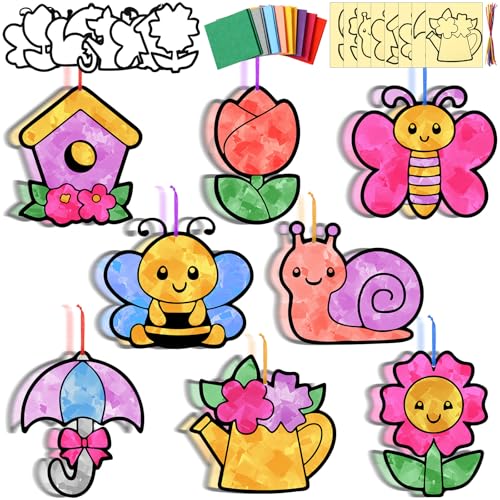 Motipuns 32 Pcs Spring Suncatcher Craft Kit, DIY Glass Effect Ornaments - style: Spring