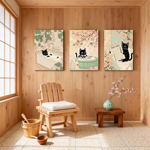 WENGTIAO 3Pcs Japanese Funny Black Cat Bathroom Wall Art Prints 16"x24" - color: Black Cat Bathroom, size: 16"x24"x3Pcs