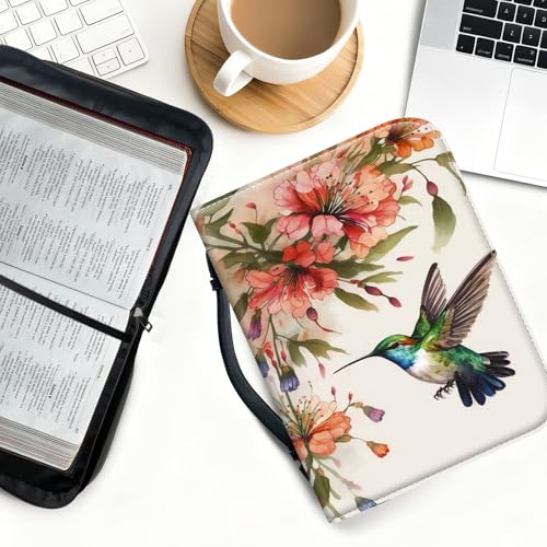 Bible Cover for Women Large PU Leather Zippered Bible Case with Handle and Flower Bird Design, Christian Bible Cover for Girls & Women, Cover Fits Standard 9.5"x7.5"x2.3" Bible - color: Flower Bird