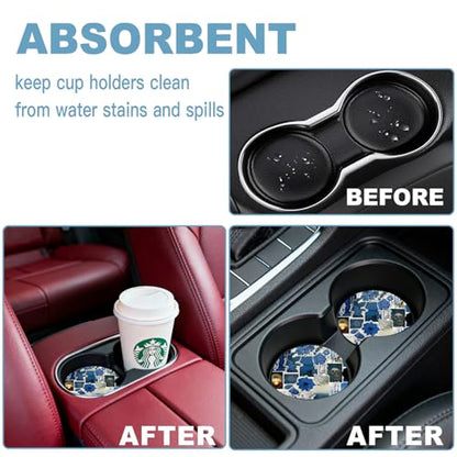 Ceramic Car Cup Holder Coasters Set of 2, 2.56 in Puzzle - color: Blue Puzzle Floral