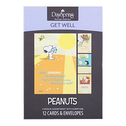 DaySpring - Peanuts - Get Well - 4 Design Assortment with Scripture - 12 Get Well Boxed Cards & Envelopes