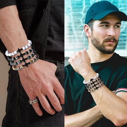 Mens Beaded Bracelets, 8MM Beaded Bracelets for Men, Natural Tiger Eye Bead Bracelet, Stretch Elastic Beads Bracelets for Men - color: volcanic yellow white black
