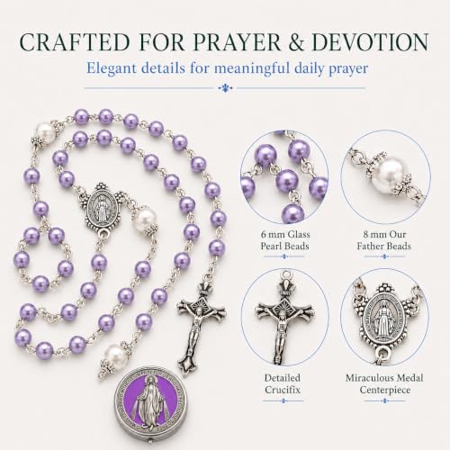Catholic Pearl Cross Rosary Necklace — Ideal for Baptism, Prayer, Devotion — 6mm Glass Beads & 8mm Our Father Beads w/Caps, Miraculous Jewelry Box – Perfect Religious Gift for Women, Men - color: Purple