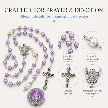Catholic Pearl Cross Rosary Necklace — Ideal for Baptism, Prayer, Devotion — 6mm Glass Beads & 8mm Our Father Beads w/Caps, Miraculous Jewelry Box – Perfect Religious Gift for Women, Men - color: Purple