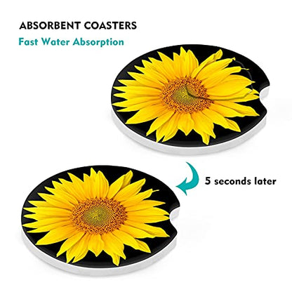 Car Coasters 2 Pack, Small 2.56" Stone Car Cupholder Absorbent Coaster Set for Women Men Drink Cup Holder Coasters (Sunflower) - color: Sunflower