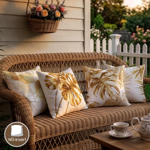 OBSEDE Golden Leaf Throw Pillow Covers 18 x 18 Set of 4 Single Side Print - color: Gilded Botanical Line Drawing, size: 18" x 18" (Pack of 4)