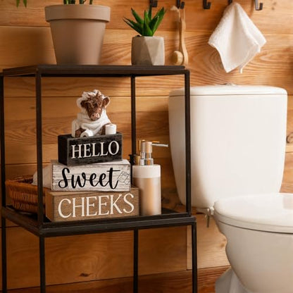 Moucuny 4 Pcs Highland Cow Bathroom Decor Wooden Signs, Farmhouse - style: Bathroom Highland Cow