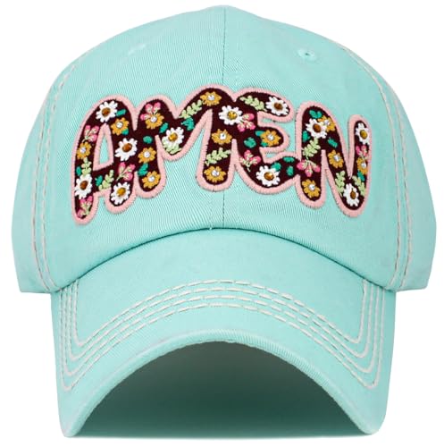 Bless Rodeo Country Horse Derby Womens Baseball Cap Distressed Vintage Unconstructed Embroidered Patch Hat - color: Diamond Blue Amen Vintage Ballcap