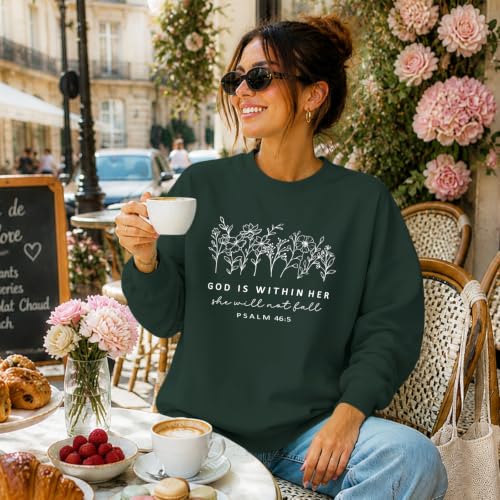 Christian God Is Within Her Sweatshirts Jesus Faith Religous Hoodie Bible Verse Floral Graphic Inspirational Shirts - color: Green, size: Large