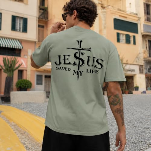 Christian Jesus Cross Shirts for Men Jesus Saved My Life T-Shirt God Tee - color: Green, size: Small