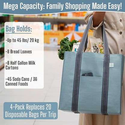 VENO 4 Pack Large Grocery Bag Reusable Shopping Bags with Hard Bottom - color: Light Blue