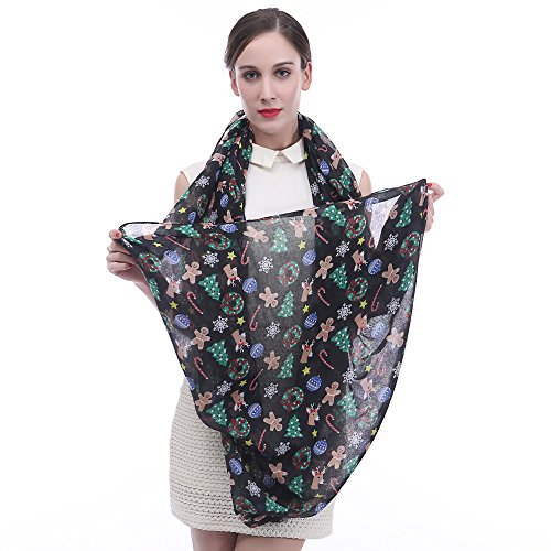 Lina & Lily Holiday Christmas Pattern Print Women's Infinity Scarf Lightweight - color: Black, Xmas Gingerbread Man Reindeer