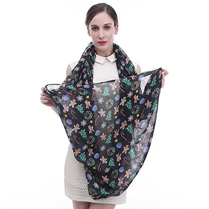Lina & Lily Holiday Christmas Pattern Print Women's Infinity Scarf Lightweight - color: Black, Xmas Gingerbread Man Reindeer