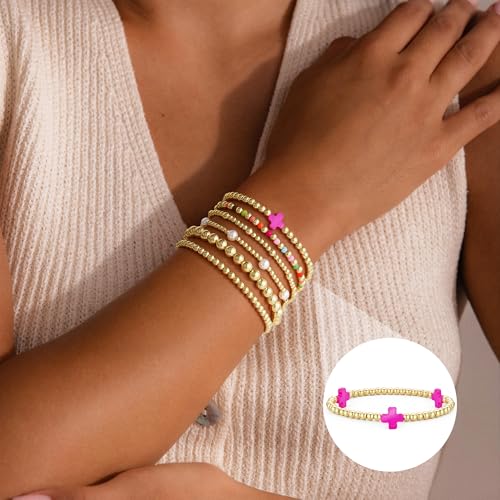 M MOOHAM Beaded Bracelets for Women Teen Girls, 14K Gold Bracelet Stack - color: " Pink Cross